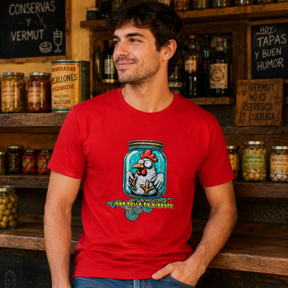 Hombre con camiseta roja Una Polla en Vinagre, humor español