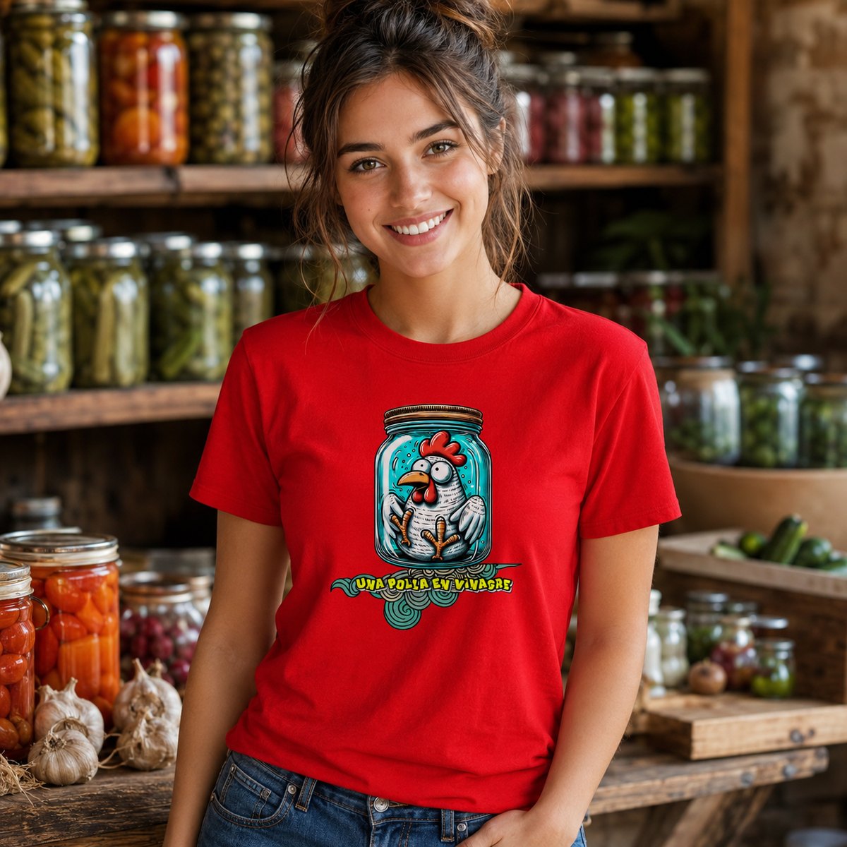 Mujer con camiseta roja Una Polla en Vinagre, humor español
