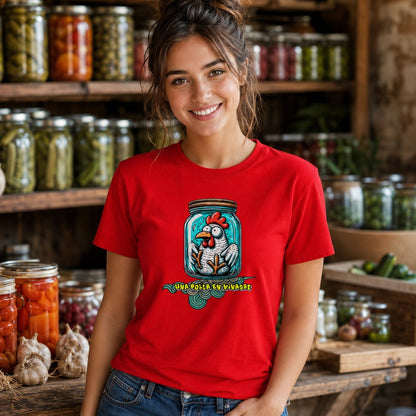 Mujer con camiseta roja Una Polla en Vinagre, humor español