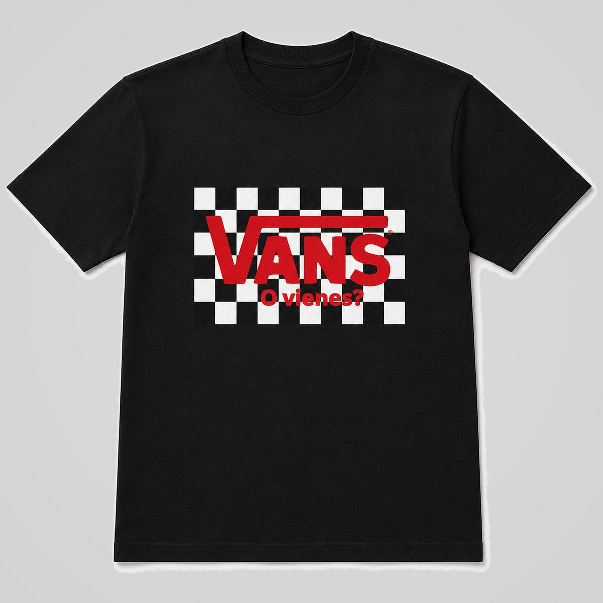 Camiseta negra Vans o Vienes, parodia del logo Vans, humor urbano – Starway to Helen