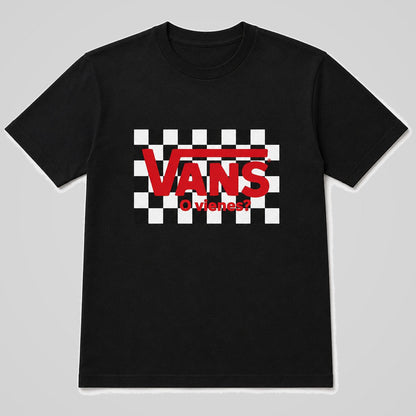 Camiseta negra Vans o Vienes, parodia del logo Vans, humor urbano – Starway to Helen