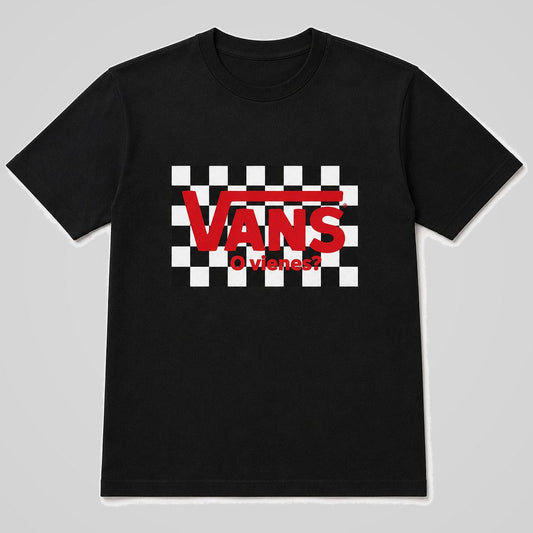Camiseta negra Vans o Vienes, parodia del logo Vans, humor urbano – Starway to Helen