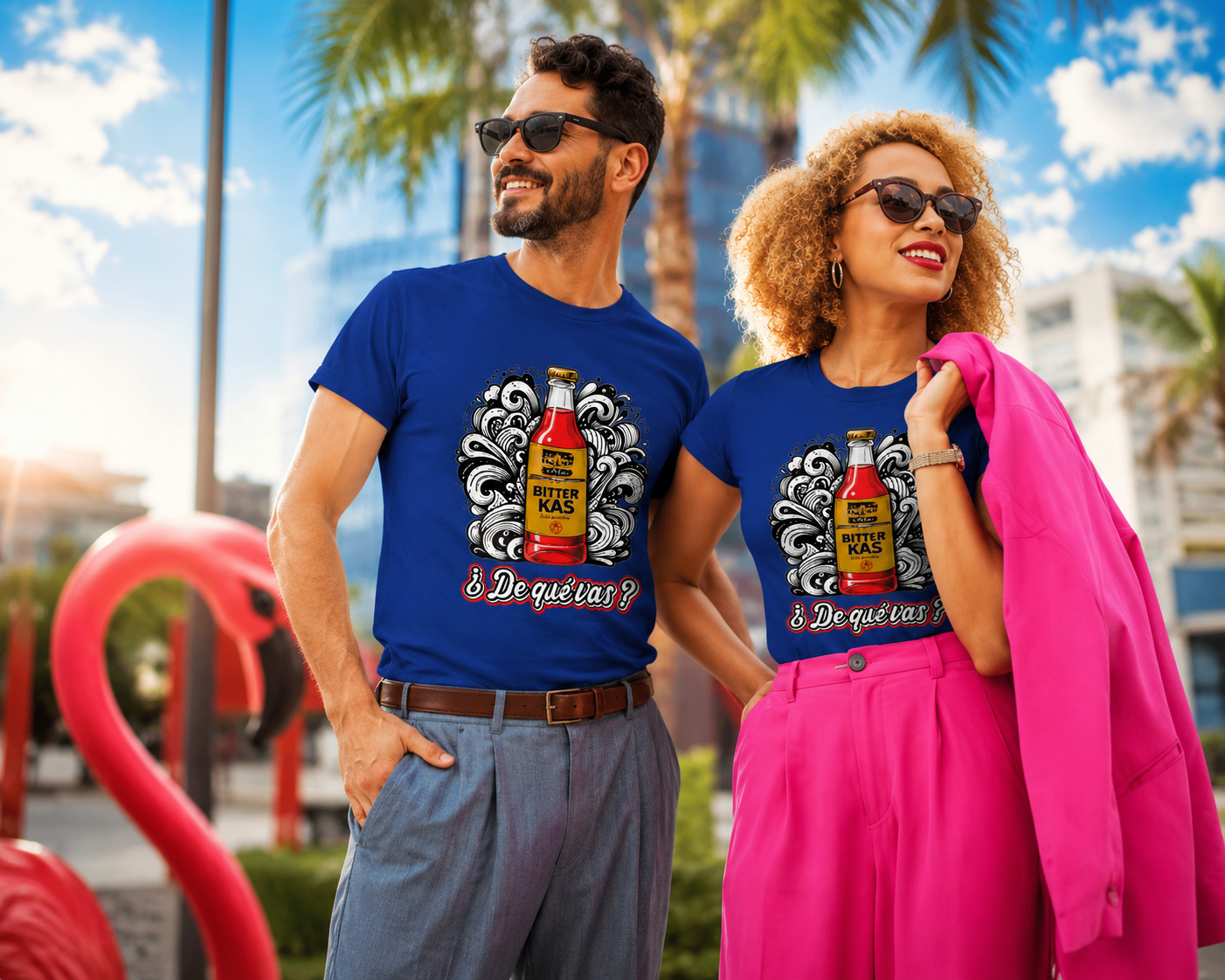 Pareja con camisetas azules “¿De qué vas?” estilo retro inspirado en Bitter Kas en ambiente urbano tropical