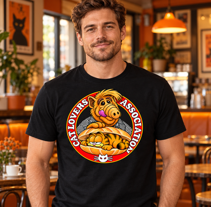 Camiseta negra Cat Lovers Association para hombre, ALF y Garfield en un bocadillo, humor retro serie de los 80 - Starway to Helen