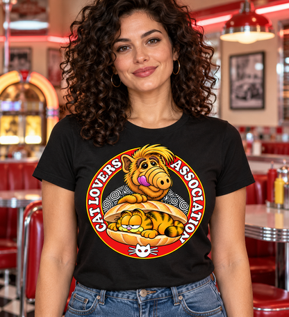 Camiseta negra Cat Lovers Association para mujer, ALF y Garfield en emblema circular rojo, regalo friki retro - Starway to Helen