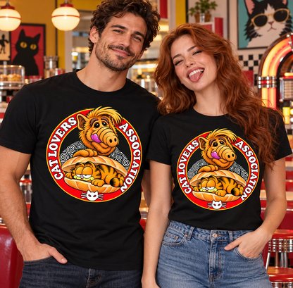Pareja con camisetas negras Cat Lovers Association, ALF y Garfield, regalo friki para amantes de los gatos - Starway to Helen