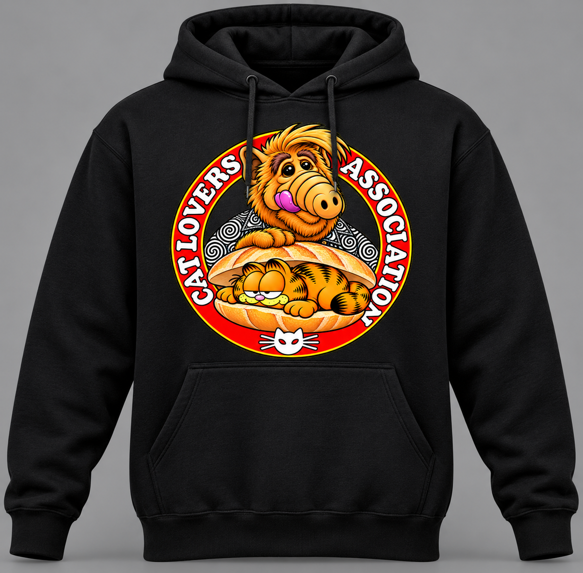 Sudadera negra con capucha Cat Lovers Association con Alf y Garfield en un bocadillo, parodia retro de los 80 - Starway to Helen