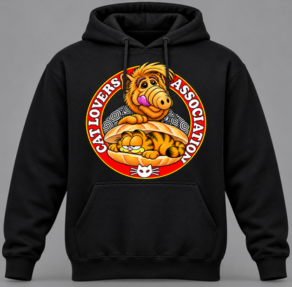 Sudadera negra con capucha Cat Lovers Association con Alf y Garfield en un bocadillo, parodia retro de los 80 - Starway to Helen