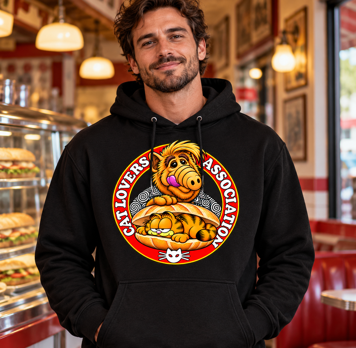 Sudadera negra con capucha Cat Lovers Association en hombre, Alf y Garfield en un bocadillo, humor retro - Starway to Helen