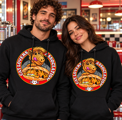 Sudaderas negras con capucha Cat Lovers Association en pareja, Alf y Garfield en un bocadillo, regalo friki - Starway to Helen