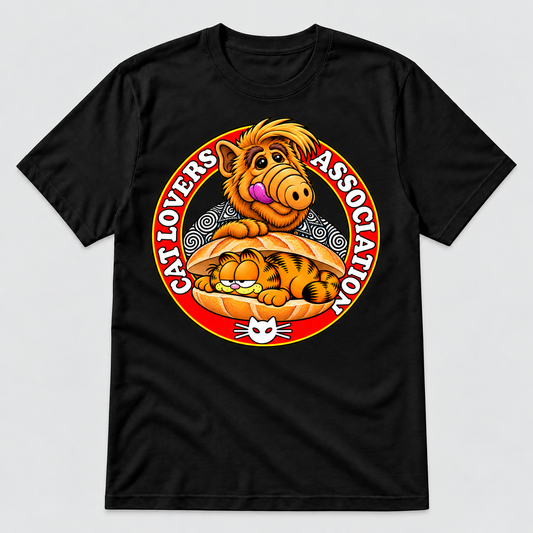 Camiseta negra Cat Lovers Association con Alf y Garfield en un bocadillo, parodia retro de los 80 - Starway to Helen