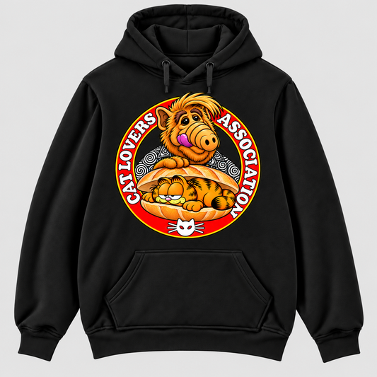 Sudadera negra con capucha Cat Lovers Association con Alf y Garfield en un bocadillo, parodia retro de los 80 - Starway to Helen