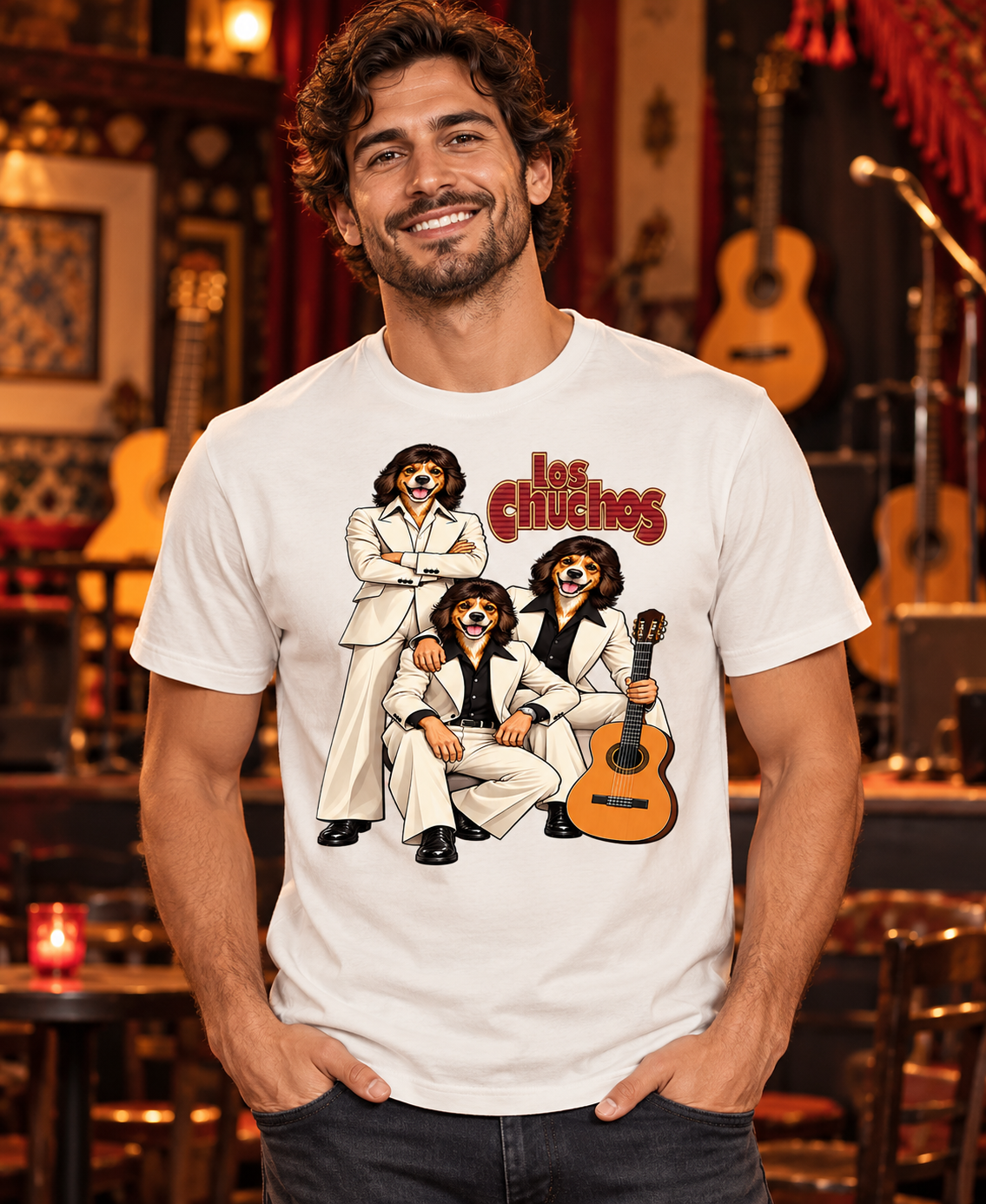 Camiseta blanco vintage Los Chuchos en hombre, parodia de Los Chichos con cara de chucho, humor y rumba - Starway to Helen