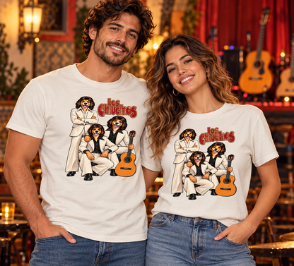 Pareja con camisetas blanco vintage Los Chuchos, parodia de Los Chichos con cara de chucho, humor y rumba - Starway to Helen