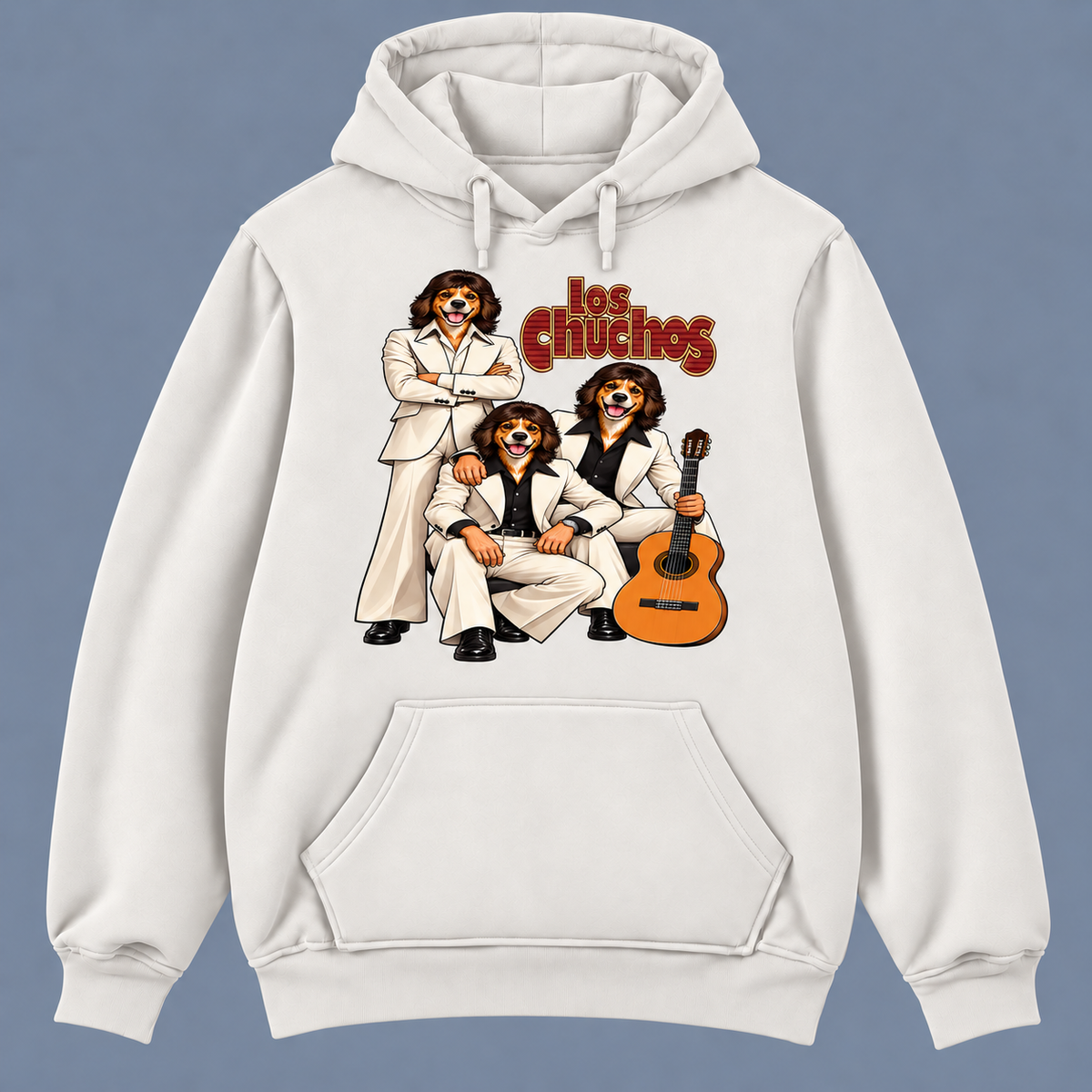 Sudadera blanca vintage con capucha Los Chuchos, parodia de Los Chichos con tres perros en traje blanco y guitarra, humor y rumba - Starway to Helen