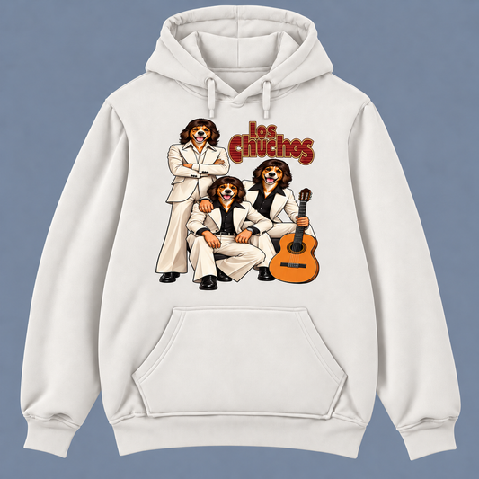 Sudadera blanco vintage con capucha Los Chuchos, parodia de Los Chichos con tres perros en traje blanco y guitarra, humor y rumba - Starway to Helen