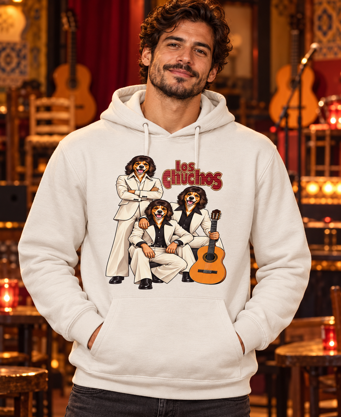 Sudadera blanca vintage con capucha Los Chuchos en hombre, parodia de Los Chichos con cara de chucho, humor y rumba - Starway to Helen