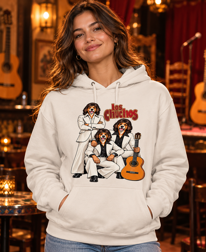 Sudadera blanca vintage con capucha Los Chuchos en mujer, parodia de Los Chichos con cara de chucho, humor y rumba - Starway to Helen