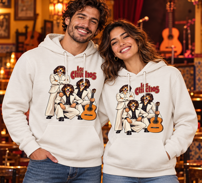 Pareja con sudaderas blancas vintage con capucha Los Chuchos, parodia de Los Chichos con cara de chucho, humor y rumba - Starway to Helen