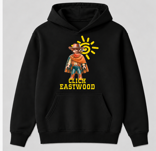 Sudadera Click Eastwood negra con capucha, parodia de Clint Eastwood estilo Playmobil, vaquero con poncho y sol amarillo - Starway to Helen