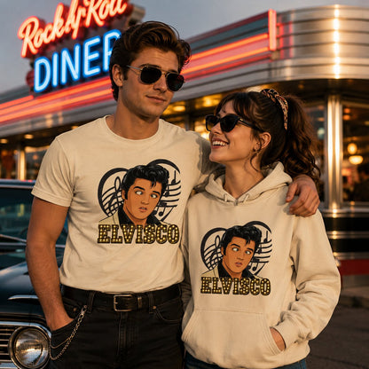 Pareja con camiseta Elvisco, parodia de Elvis Presley - Starway to Helen