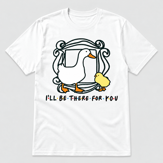 Camiseta blanca Friends Pato, marco de la puerta de Mónica con pato y patito, I'll Be There for You, parodia de la serie Friends - Starway to Helen