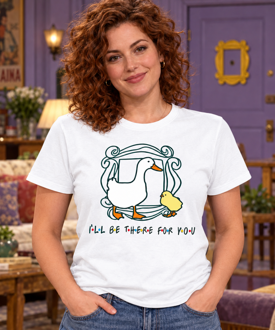 Camiseta blanca Friends Pato I'll Be There for You en mujer, frase de la serie con patito, humor friki - Starway to Helen