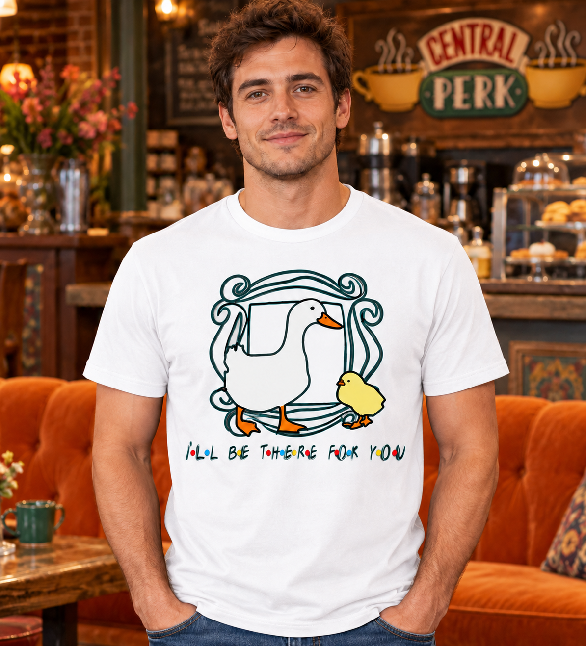 Camiseta Friends blanca en hombre, patito en el marco de la serie Friends, I'll Be There for You - Starway to Helen