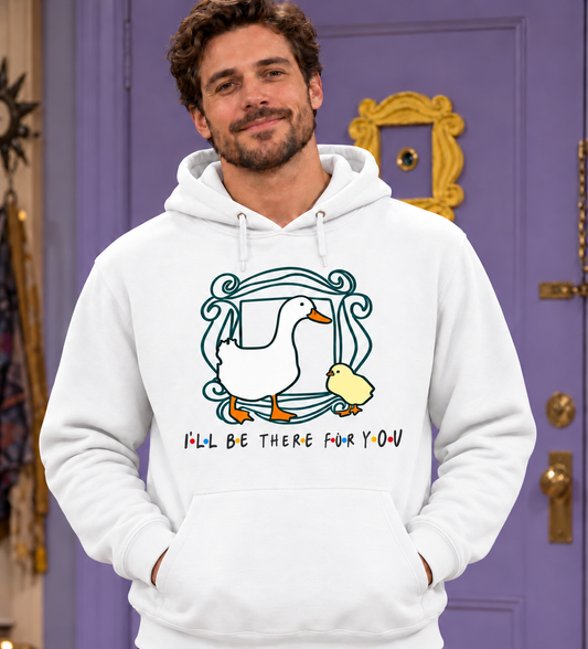 Sudadera Friends blanca con capucha en hombre, patito en el marco de la serie Friends, I'll Be There for You - Starway to Helen