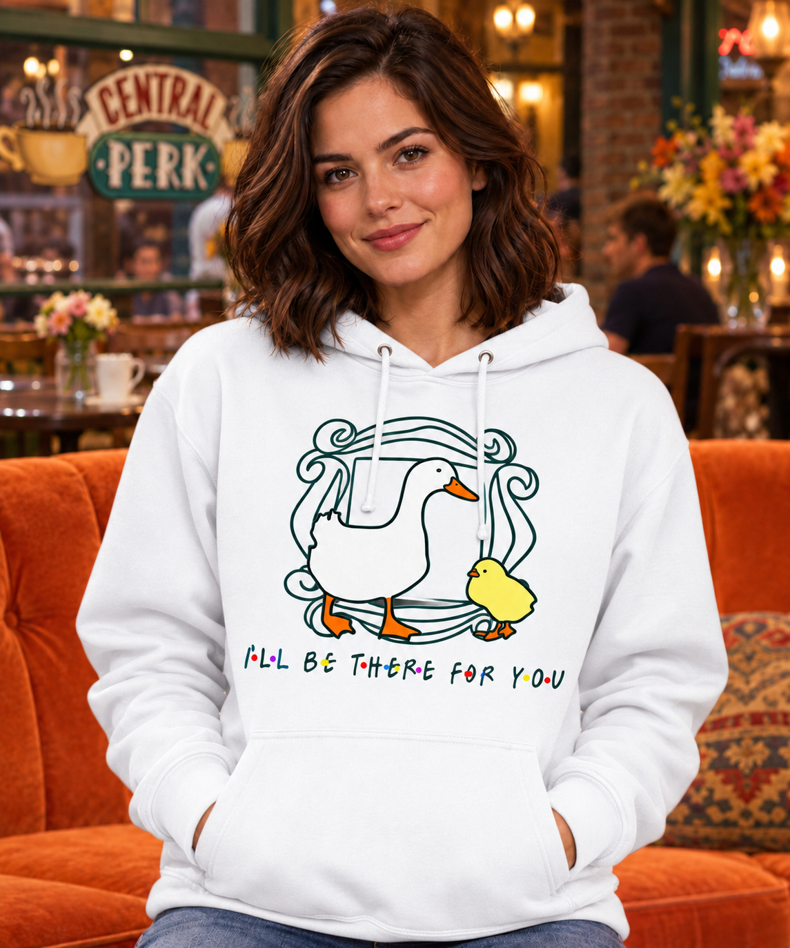 Sudadera Friends blanca con capucha en mujer en Central Perk, patito y marco de la serie Friends, I'll Be There for You - Starway to Helen