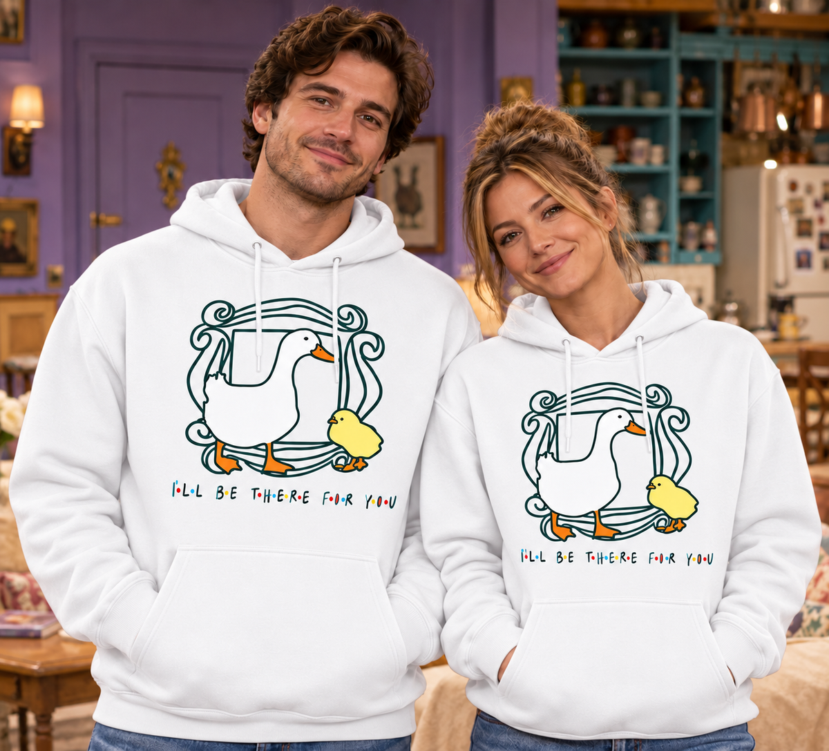Sudaderas Friends blancas con capucha en pareja, patito en el marco de la serie Friends, I'll Be There for You - Starway to Helen