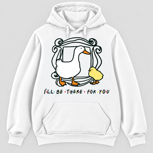 Sudadera blanca con capucha Friends Pato, marco de la puerta de Mónica con pato y patito, I'll Be There for You, parodia de la serie Friends - Starway to Helen