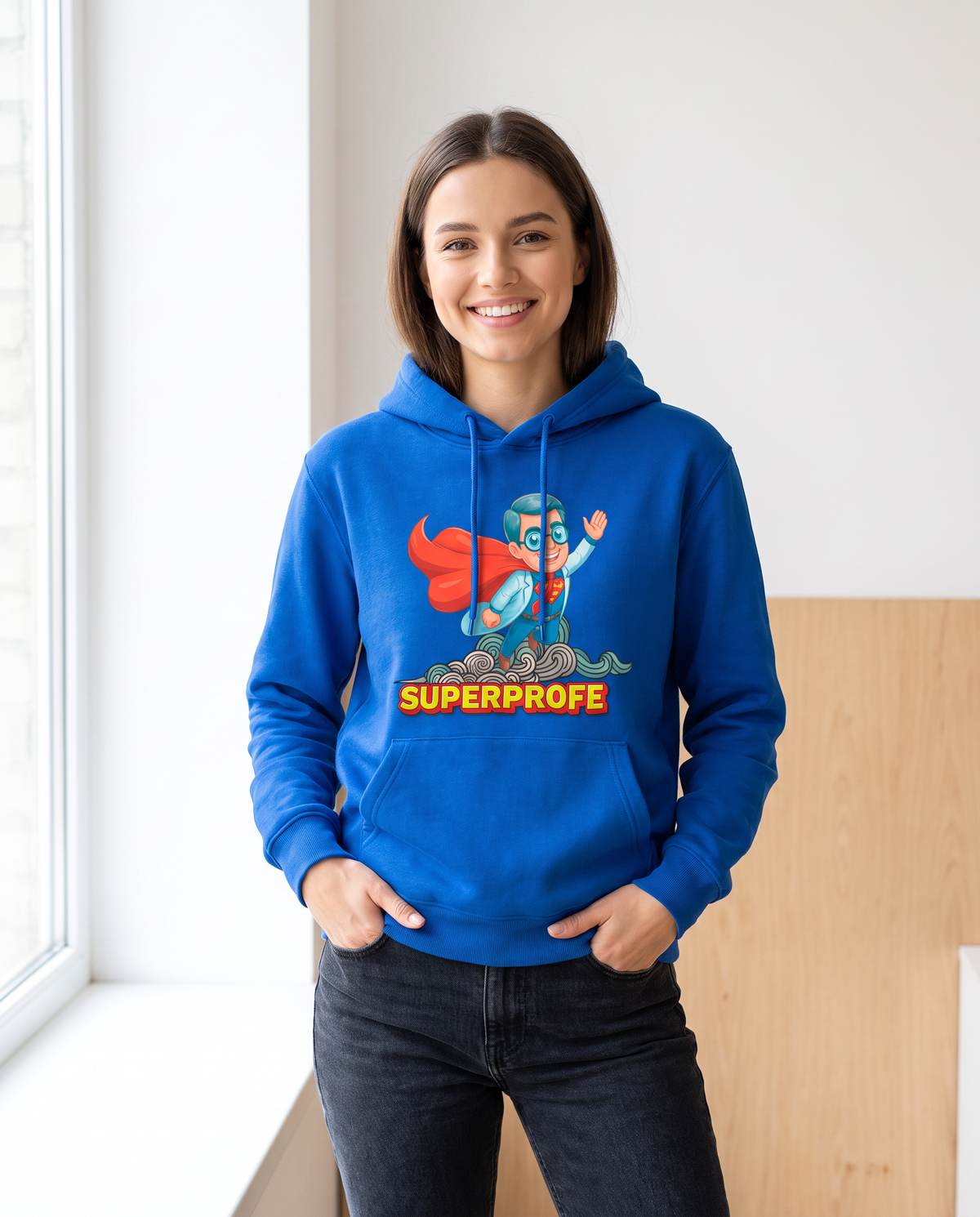 Mujer con sudadera SuperProfe azul, regalo para profesoras - Starway to Helen