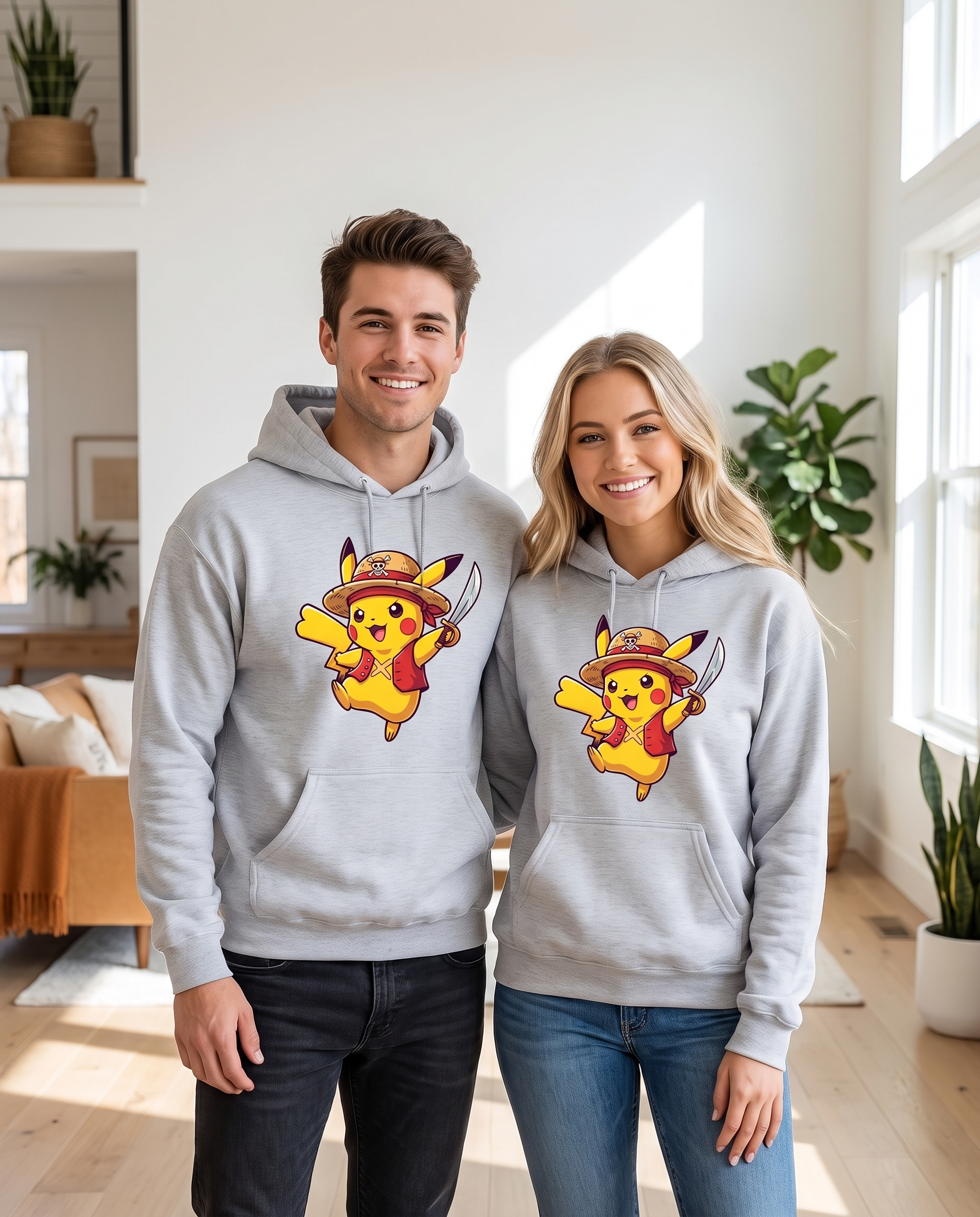 Pareja con sudadera One Pikachu, diseño parodia Pikachu pirata - Starway to Helen
