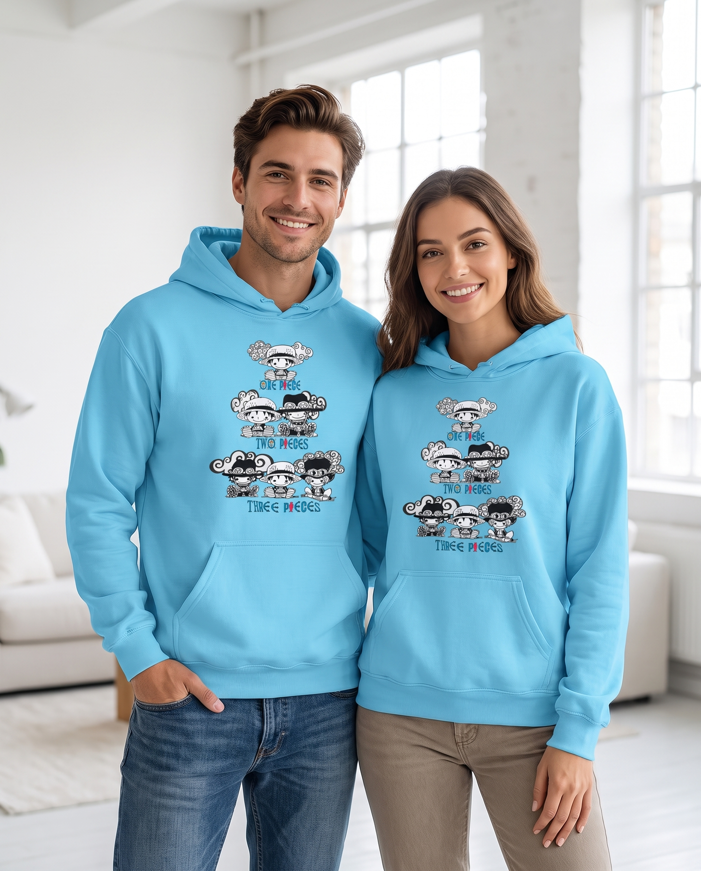 Pareja con sudadera One Piece - Three Pieces azul, parodia del anime One Piece - Starway to Helen
