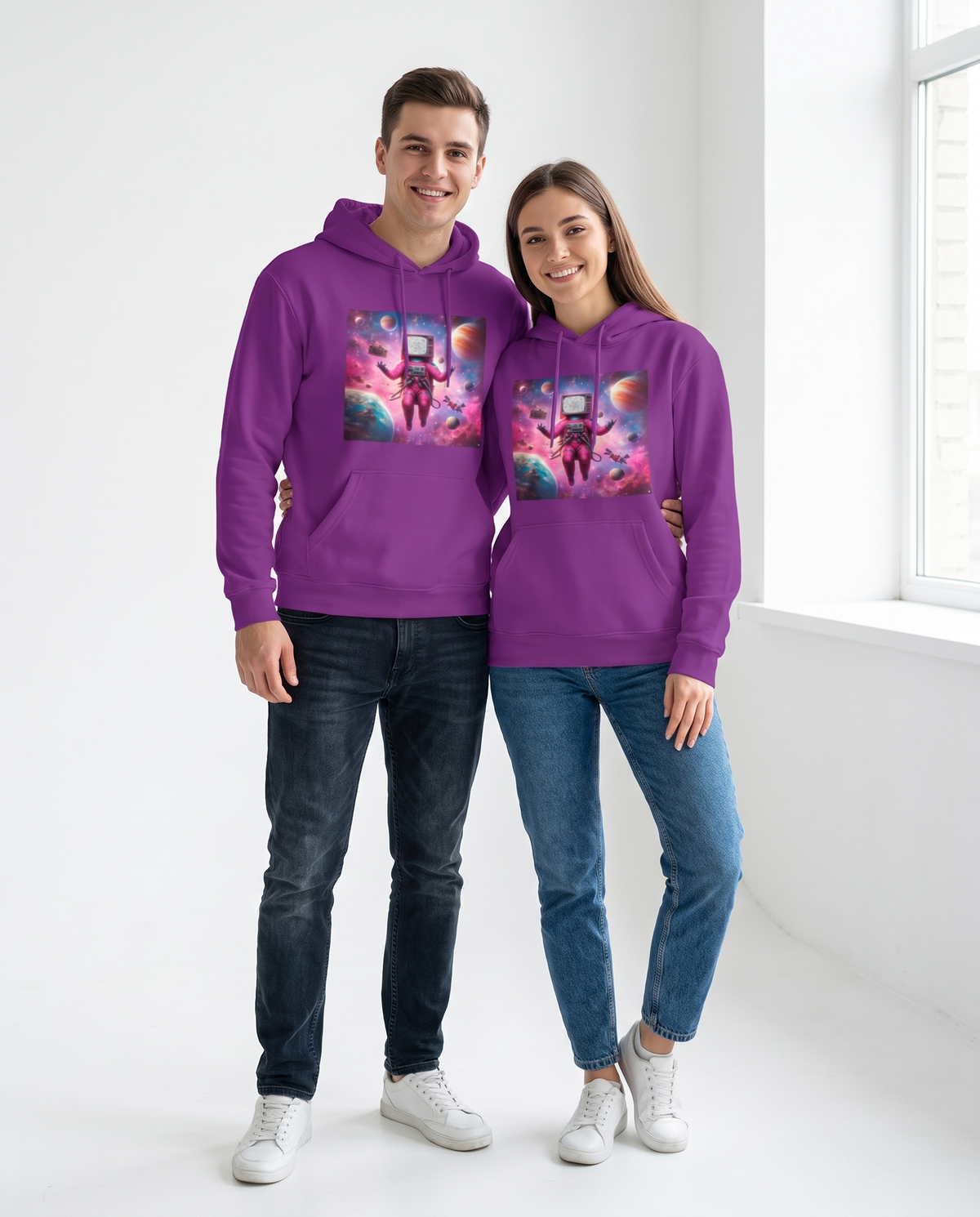 Pareja con sudadera Astronauta Cósmico, diseño retrofuturista - Starway to Helen