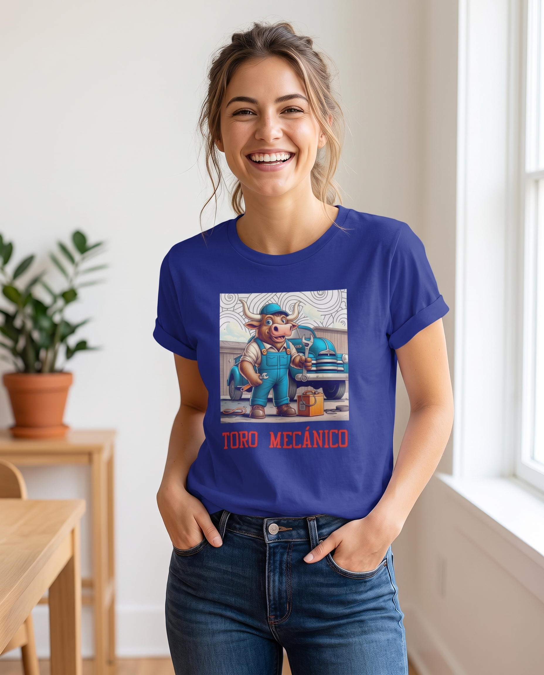 Mujer con camiseta Toro Mecánico, diseño toro con engranajes - Starway to Helen