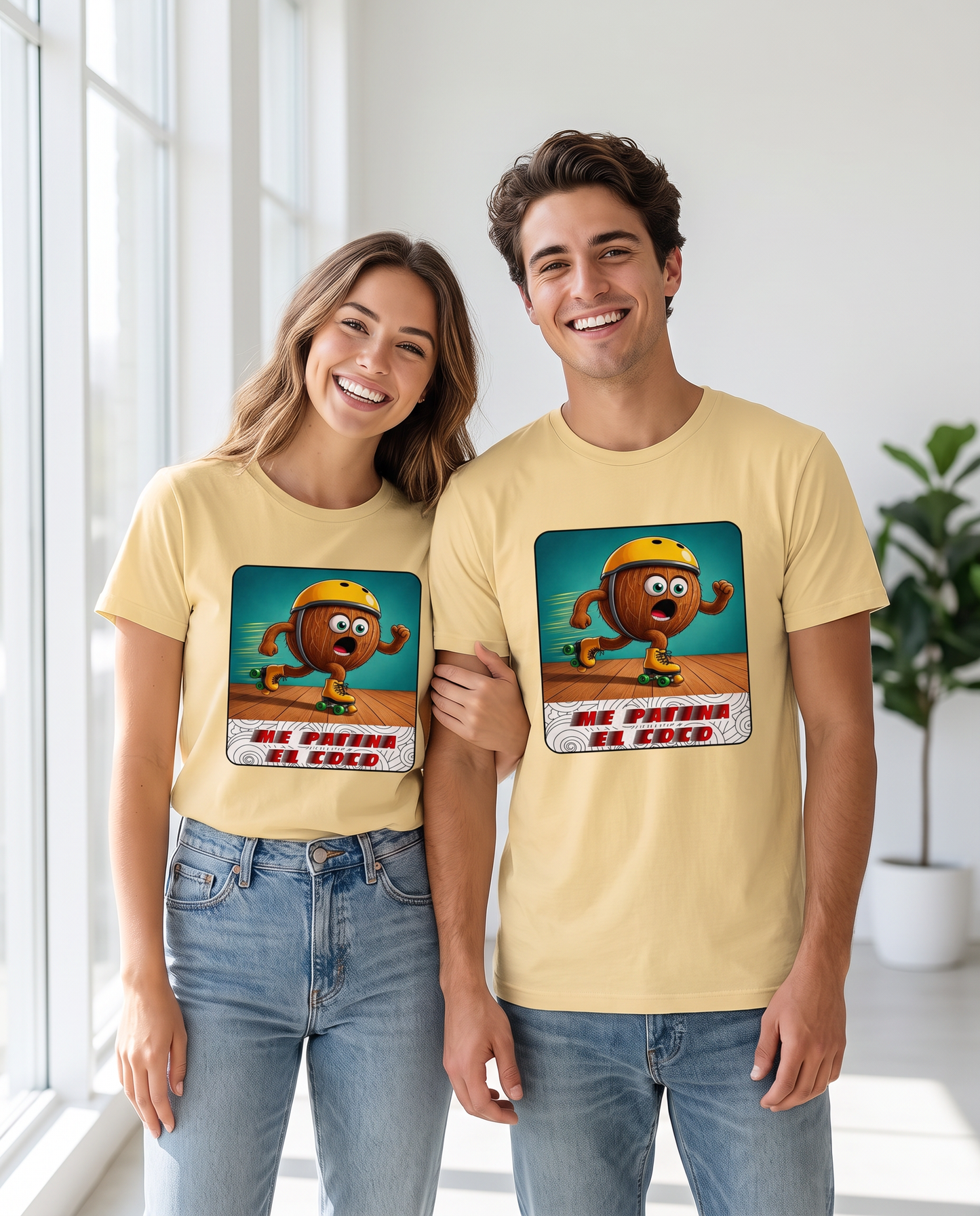 Pareja con camiseta Me Patina el Coco, diseño de coco patinador - Starway to Helen