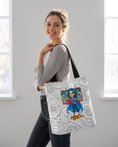 Persona llevando la Tote Bag SuperMaestra (Capa) al hombro, diseño de maestra heroína - Starway to Helen