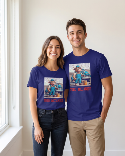 Pareja con camiseta Toro Mecánico, diseño toro con engranajes - Starway to Helen