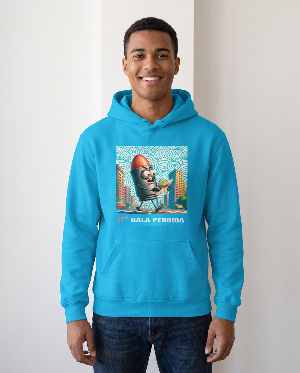 Hombre con sudadera Bala Perdida, diseño humorístico - Starway to Helen