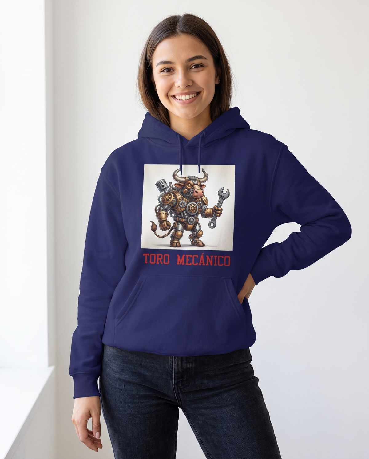 Mujer con sudadera Toro Mecánico, diseño toro con engranajes - Starway to Helen