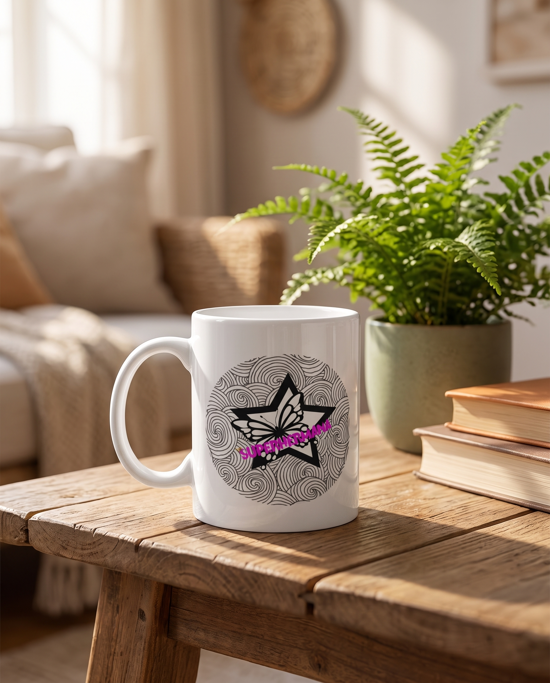 Taza SuperHermana sobre mesa, ambiente acogedor - Starway to Helen