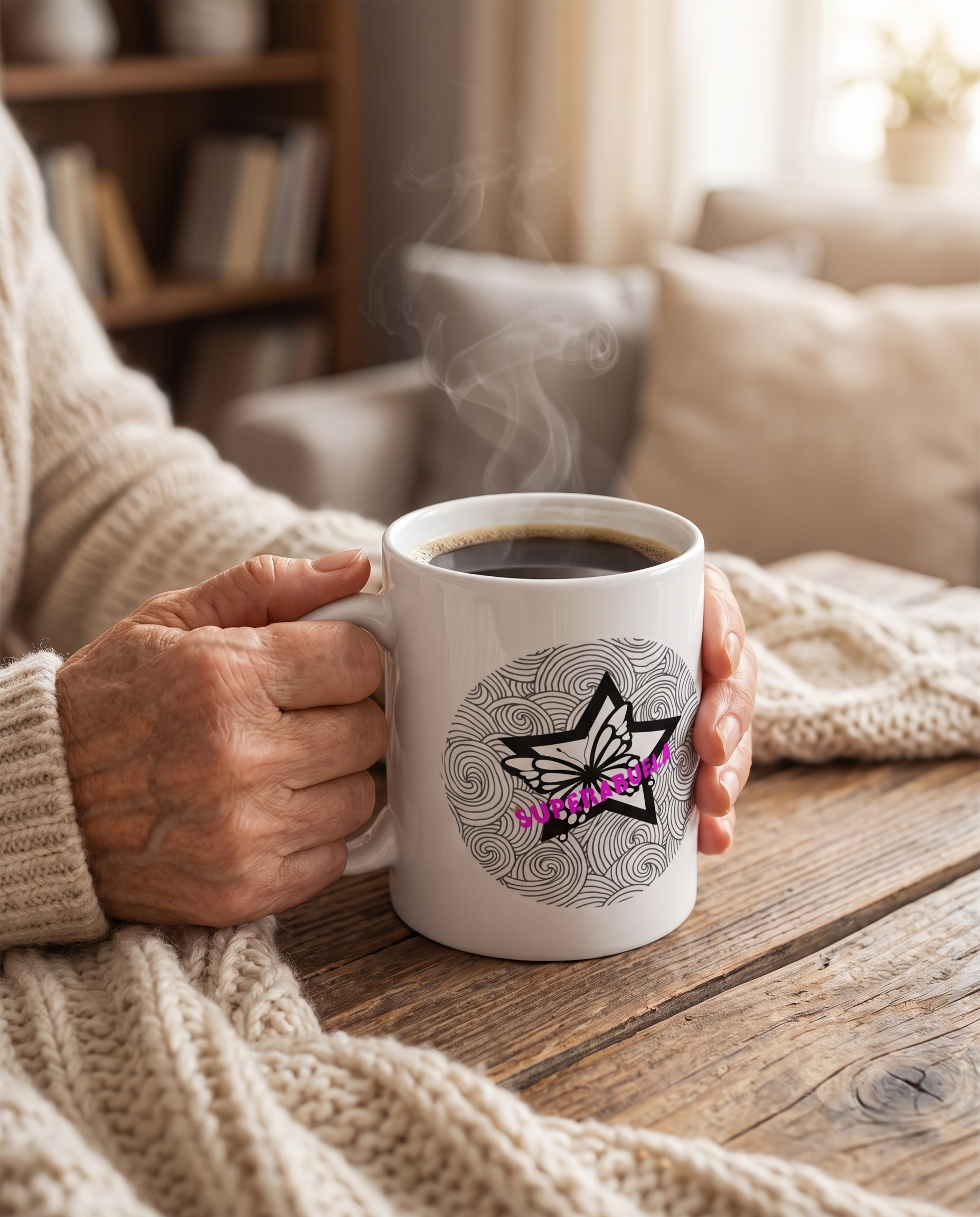 Manos sosteniendo taza SuperAbuela con café - Starway to Helen