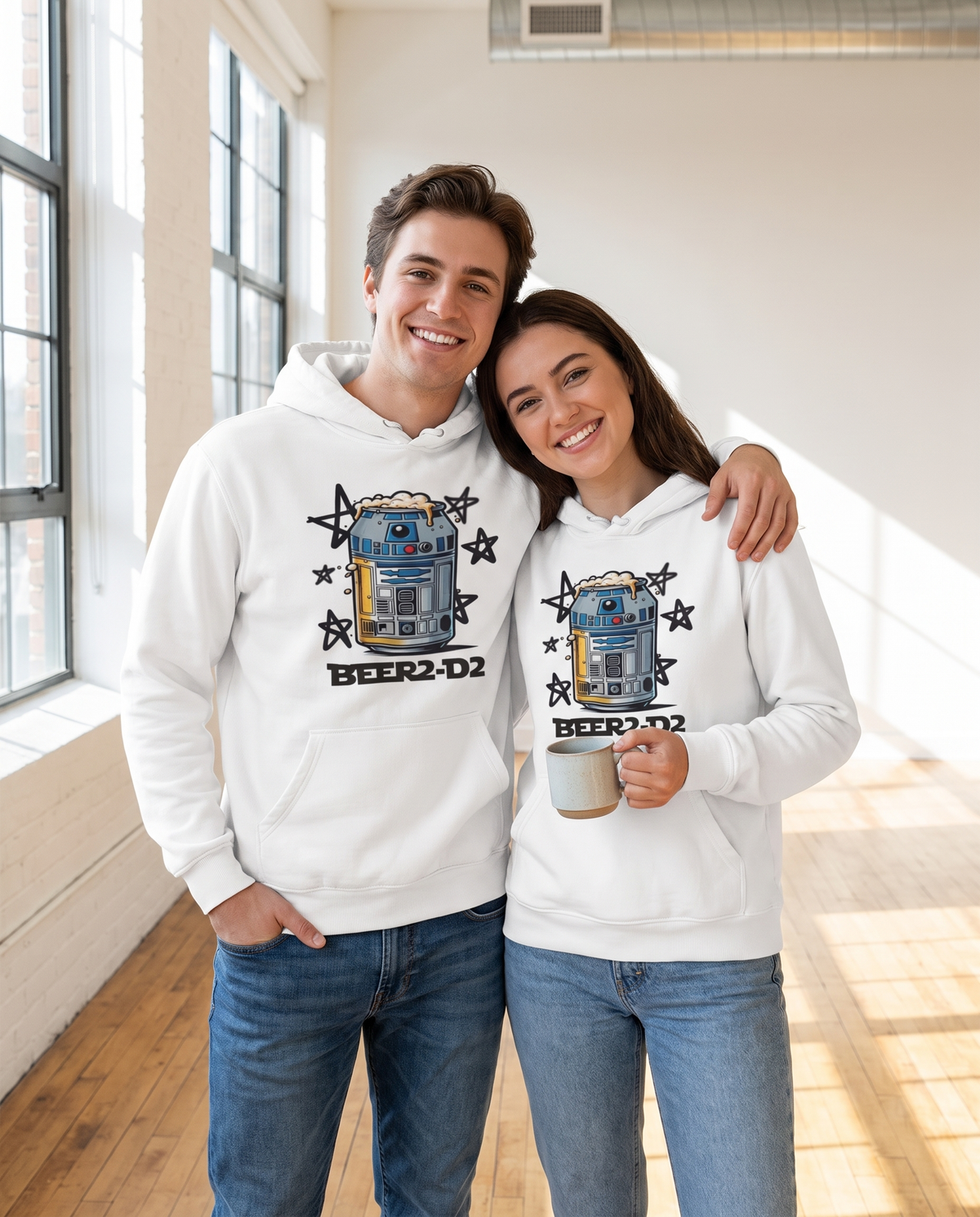 Pareja con Sudadera Beer2D2, parodia de R2-D2 (Star Wars) - Starway to Helen