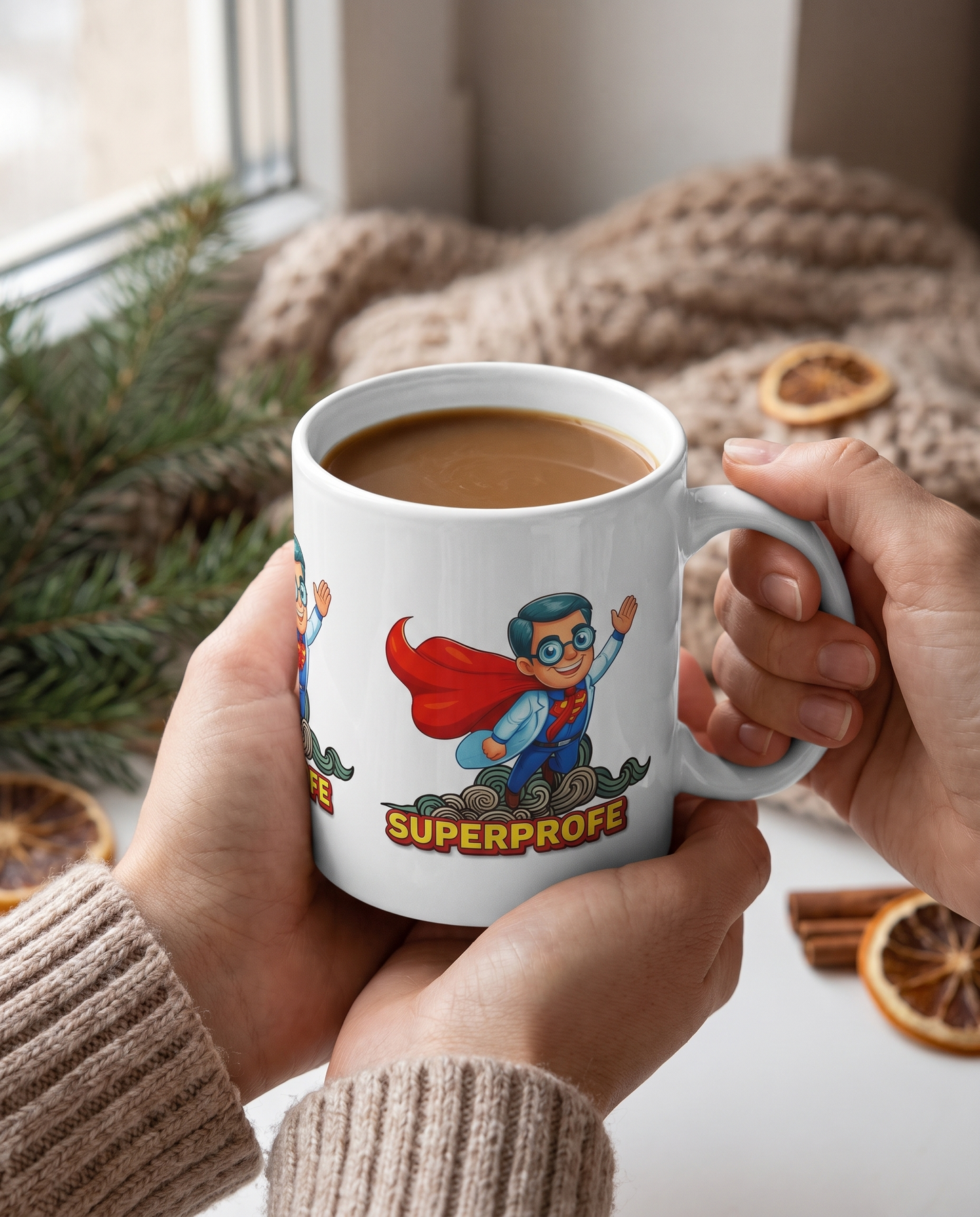 Manos sosteniendo la Taza SuperProfe con café - Starway to Helen