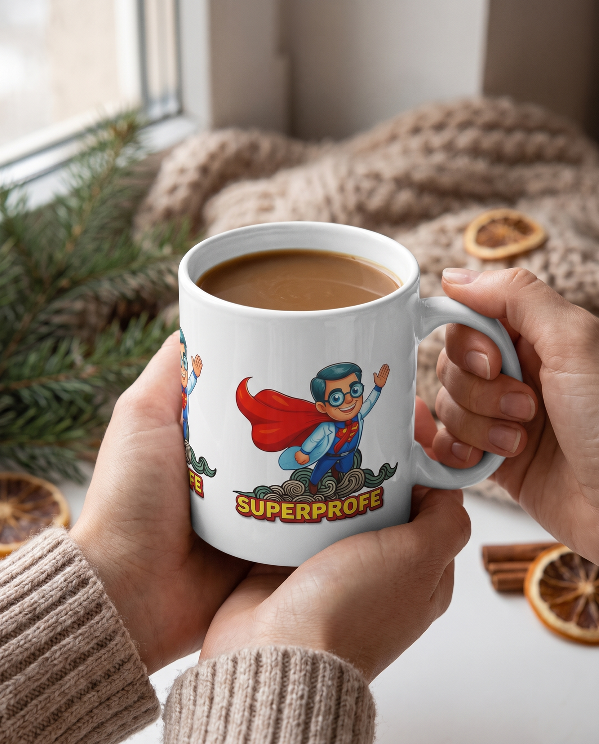 Manos sosteniendo la Taza SuperProfe con café - Starway to Helen