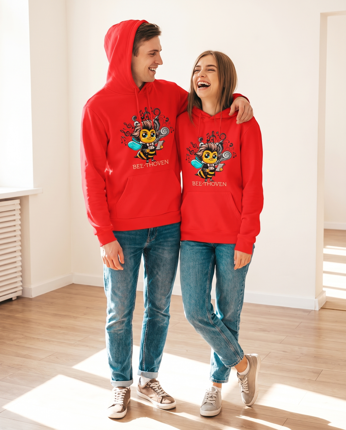 Pareja con Sudadera Bee-thoven, parodia de Beethoven - Starway to Helen