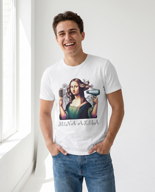 Hombre con camiseta Mona Alisa, parodia de la Mona Lisa de Da Vinci - Starway to Helen