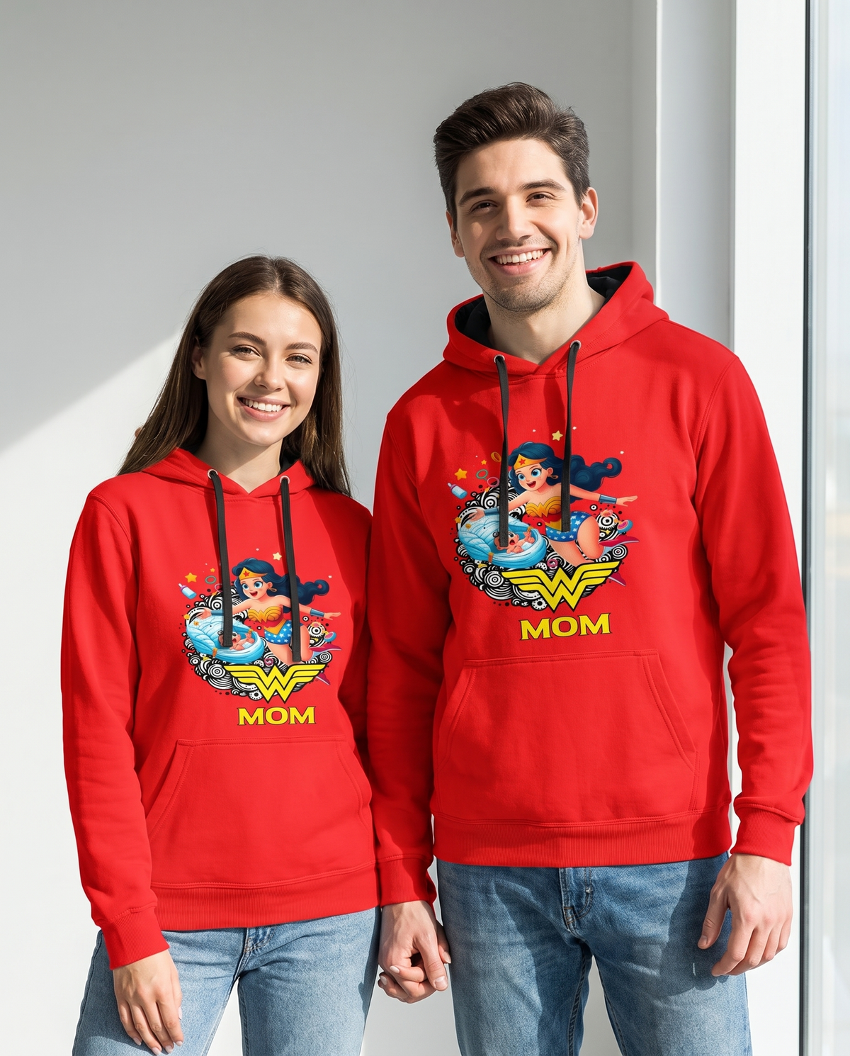 Pareja con sudadera Wonder Mom, parodia de Wonder Woman (DC) - Starway to Helen